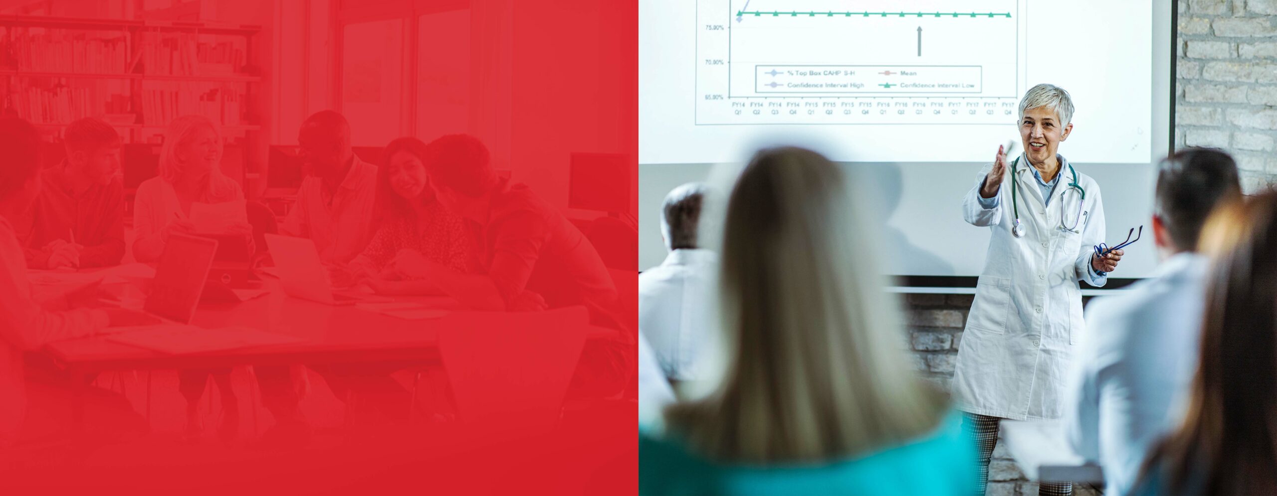 Two images side by side. Left image is a group of students in a library around a table. Right image is a physician presenting to a group.