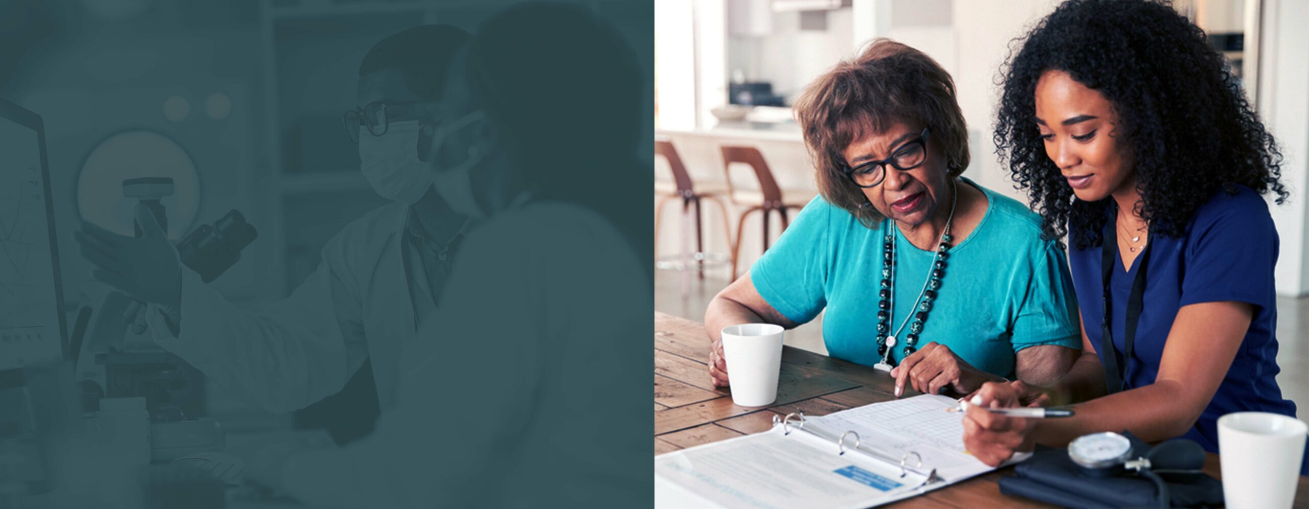 Two images side by side. Left image is two people looking at data on a screen. Right images is two people looking at a binder together.