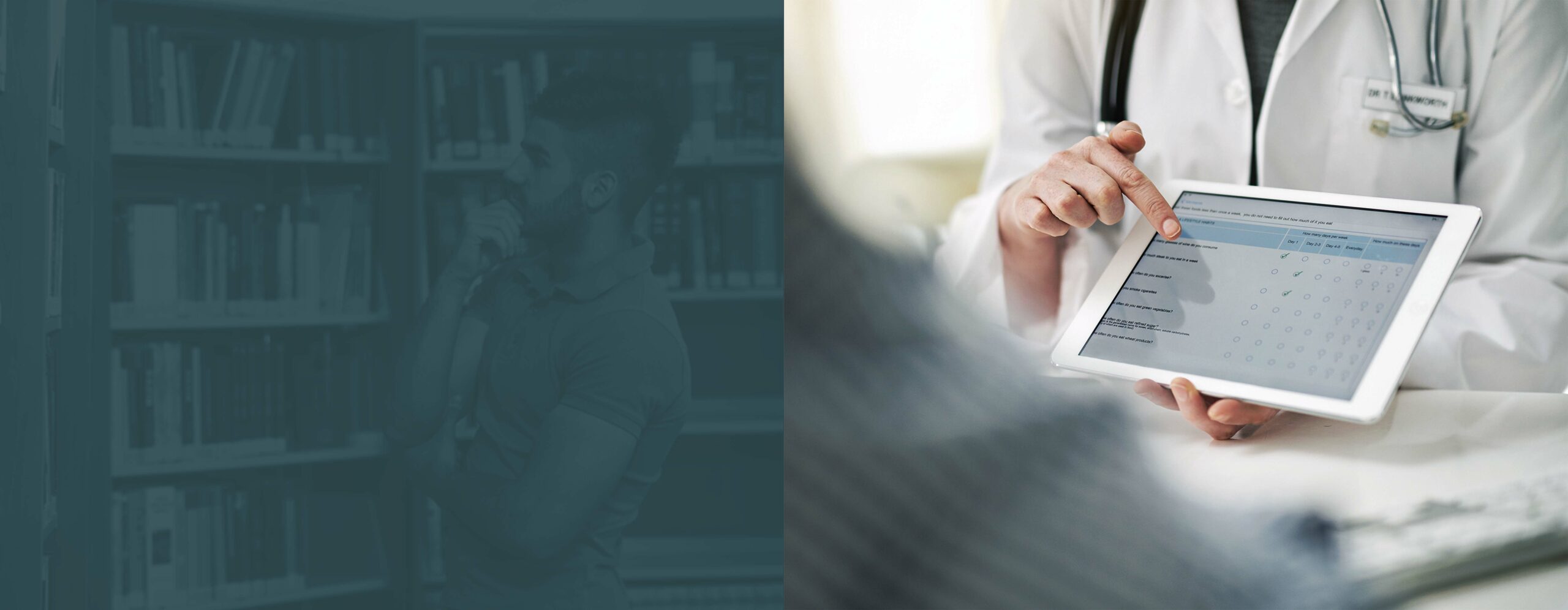 Two images side by side. Left image is a man looking at a library shelf. Right image is doctor showing information on tablet.